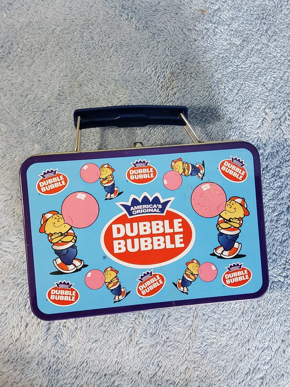 Vintage Miniature Dubble Bubble Gum Tin Metal Lunch Box Gold Interior Blue Mini